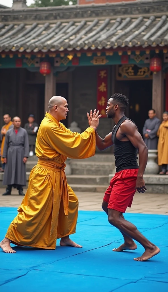 two men in orange robes stand next to a large gun, in the style of sifu 🔥 😎 🕹️ 👀 :2, goku in real life, dwayne johnson as samurai, yiqiang and shurakrgt, chinnese mafia, leaked photo, scene from live action movie, monks!!!!!!!!! fire, taoist priest, taoist master