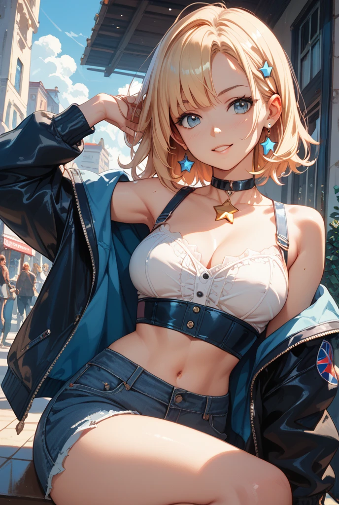 (Best quality, 8k, 32k, Masterpiece, UHD,:1.2),RAW, 1girl,ultra cute , natural lighting,transparent shining eyes, 20yo,medium breast ,fair complexion, breast, medium black hair, flushed face, Glamorous Evening Ensemble, leather from-fitting Cup bra ,lace trim,denim high-waste short pants, femur, denim jacket, off-sholder, embarrassed,, ultra cute, from above, Blonde short hair, on the street