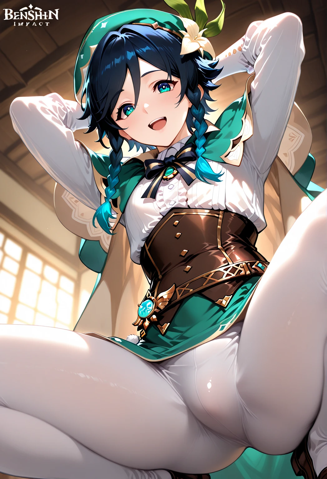 best qualityer, super detaill, work of art, ultra HD, 8K, 1 boy, focus on the boy, Venti, Genshin Impact, Only in panties, sexy e sensual, on the bed, showing off your thighs, emphasis on the thighs.