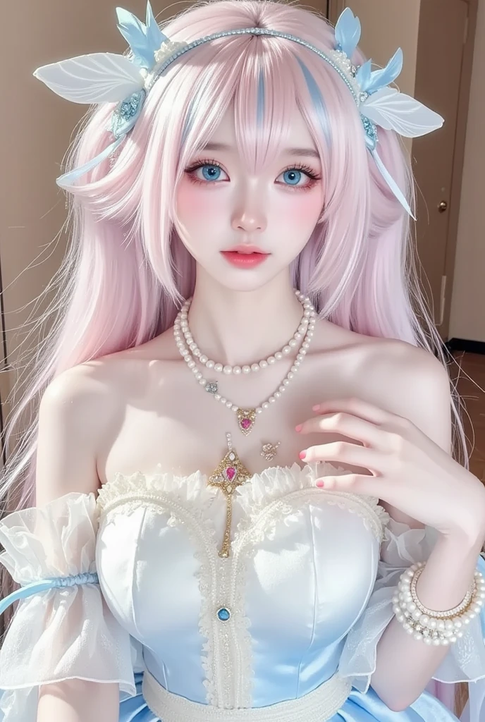 The upper part of the body、one girls、i have silver hair color、Two-tone、(highlight pink)Bun hair、Curly hair、floral headband、very Bigger breasts、A gorgeous dress with a wide open chest、Angle looking down from above,