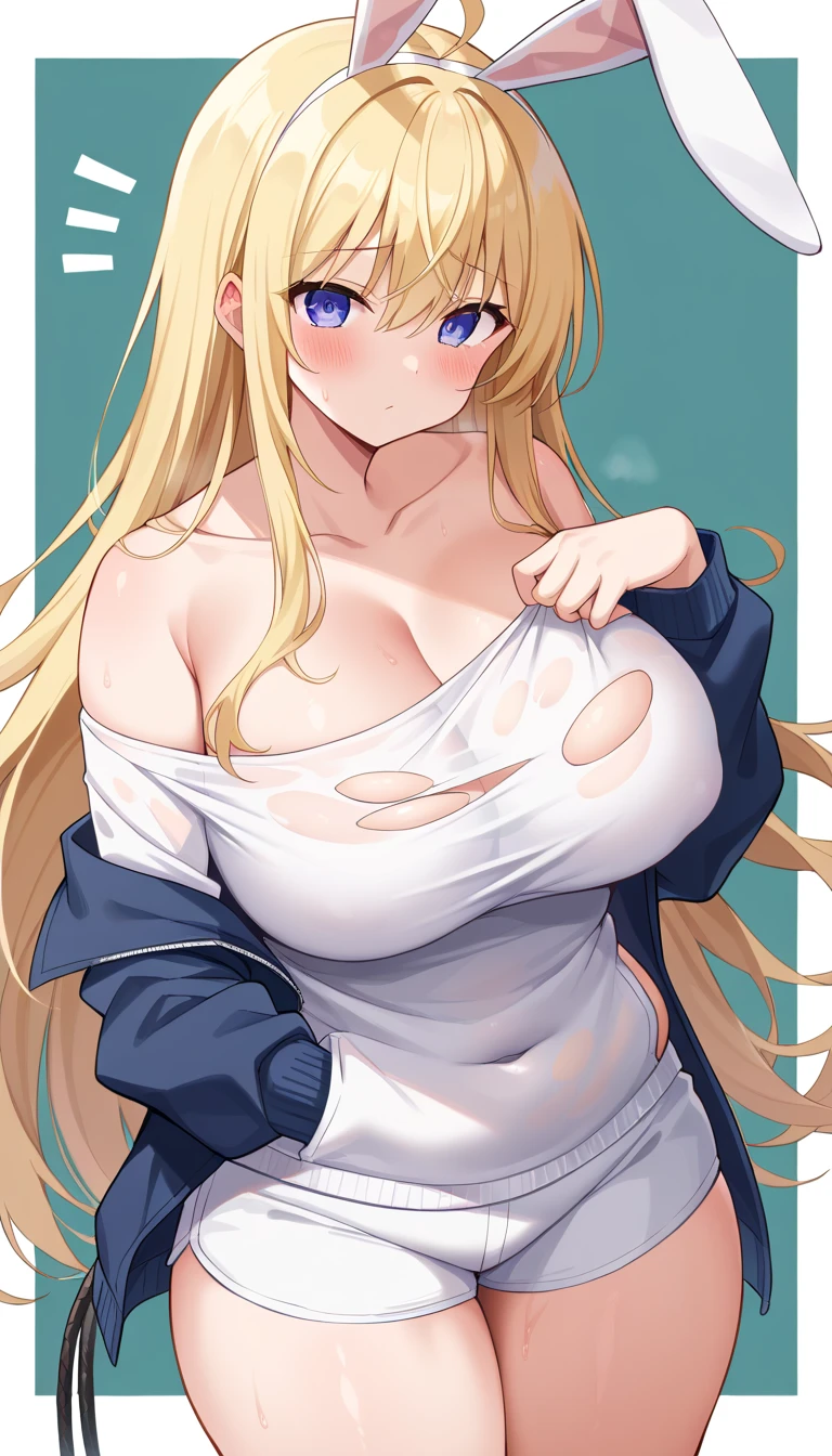 (masterpiece, top quality, detailed drawing, beautiful hair, beautiful eyes, perfect face, perfect and correct human body structure), summer, summer sun, big yard with white house, blonde hair with short twin tails hair, very baby face, droopy eyes, heterochromia, pink eye, orange eye, very huge breasts, 145cm tall Girl sitting with hands in portable kiddie pool in too tight fitting little t-shirt and very short denim mini skirt, heat weary face, downcast eyes, sweaty, waterlogged, sunburn marks