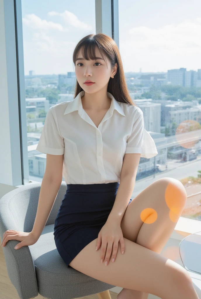 (8K, Best quality, masutepiece:1.2), (Realistic, Photorealsitic:1.37), Ultra-detailed, 1 girl, full body Esbian, Outdoors, (Adjust hair:1.5) Office Lady, Black office blazer, officeskirt, (Pantyhose black stockings:1.2), (Short button-down shirt:1.2), Primary color of coloring with buttons, Down color primer with buttons, Bra, (Pantyhose:1.2), alphalayers, high-heels, Beautiful earrings, Cute, Solo, Beautiful detailed sky, (Smile:1.15), (Closed mouth), Small breasts, Beautiful detailed eyes, Business attire, (Naked meat，Ear hair:1.2), Floating hair NovaFrogStyle,