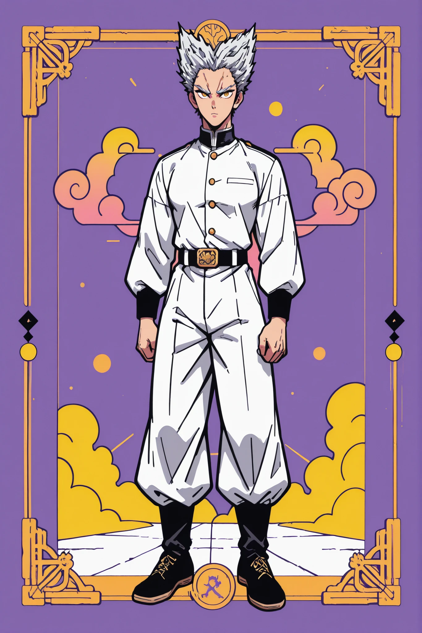 colorful back background with silver hair and yellow eyes based on a Demon Slayer illustration, gay, One Punch Man[garou], Full body illustration. Garou. White uniform pants. black neck polar tee. clearly shows the shape of the body. 5 fingers