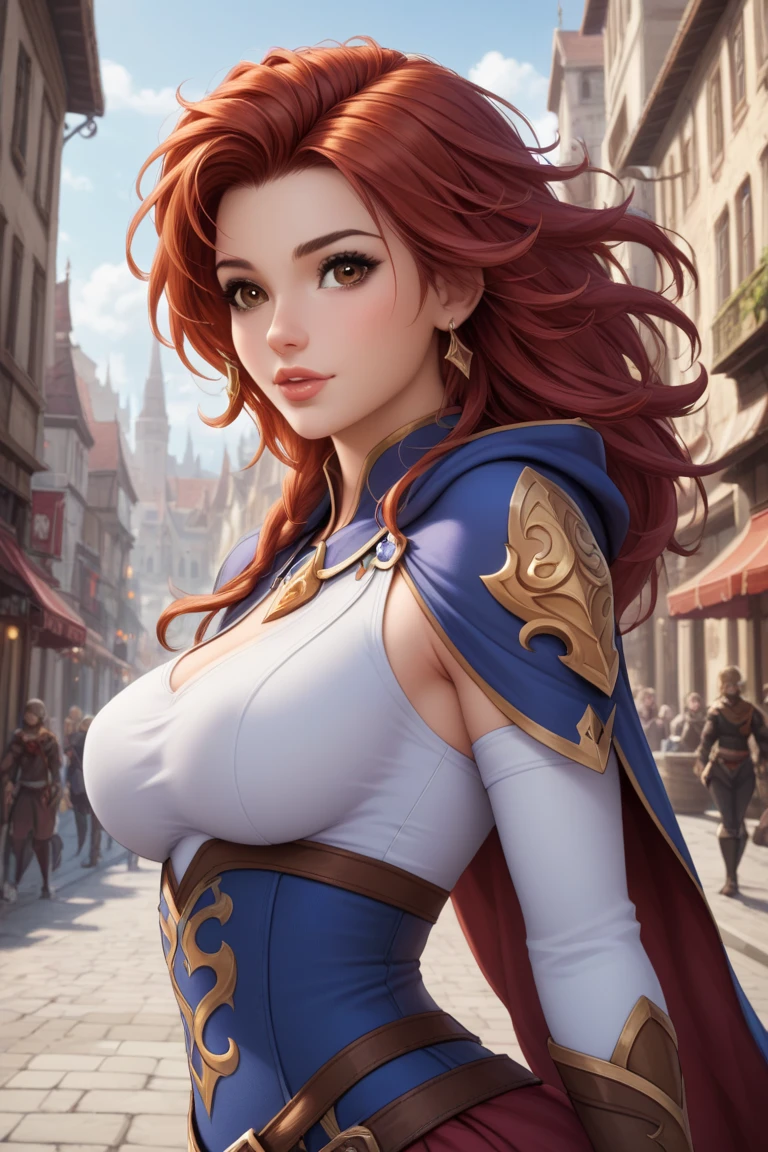 1 woman, beautiful Irish woman, 23 years old, solo focus, long wavy red hair, hazel eyes, pretty smile, medium breasts, slender body, medieval maiden costume, choosing groceries, masterpiece, ultra HD, raw photos, detailed skin textures, detailed face, detailed hair, perfect hands, dynamic angle, blurred background, medieval market background, looking away