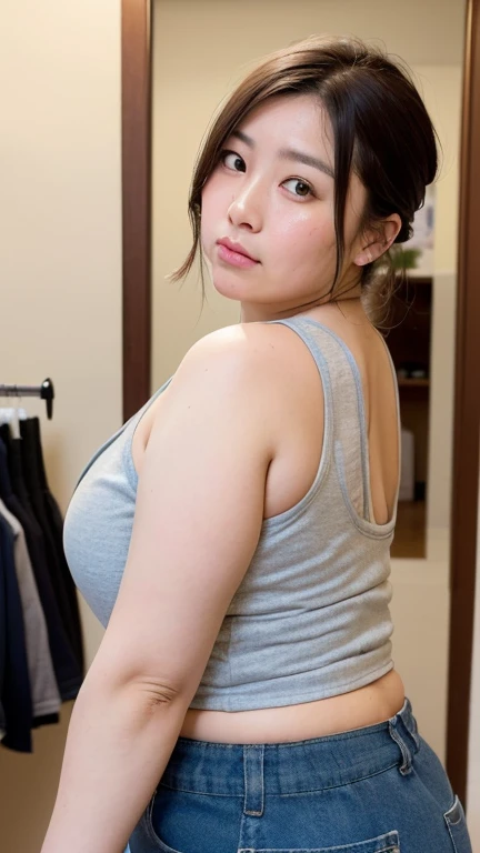 Raw, bestquality, masterpiece, Ultra-realistic, mid shot, ultra-detailed, korean, overweight body, big eyes, anime styled eyes, big breasts, plump body, thick lips, wearing tight pink bra, super exhausted face, pain looking, silver necklace, sticking body, medicine background, 8k resolution, watching from below floor