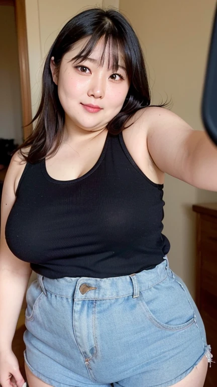 A (((chubby))) malay woman, messy higher hair bun, white skin, wearing off shoulder green flower design shirt, blue short jeans, showing cleavage, has small earrings, covering face with phone, stand in front of the mirror, taking mirror photo with phone, (((selfie))), at the room, behind bed, warm white lamp.