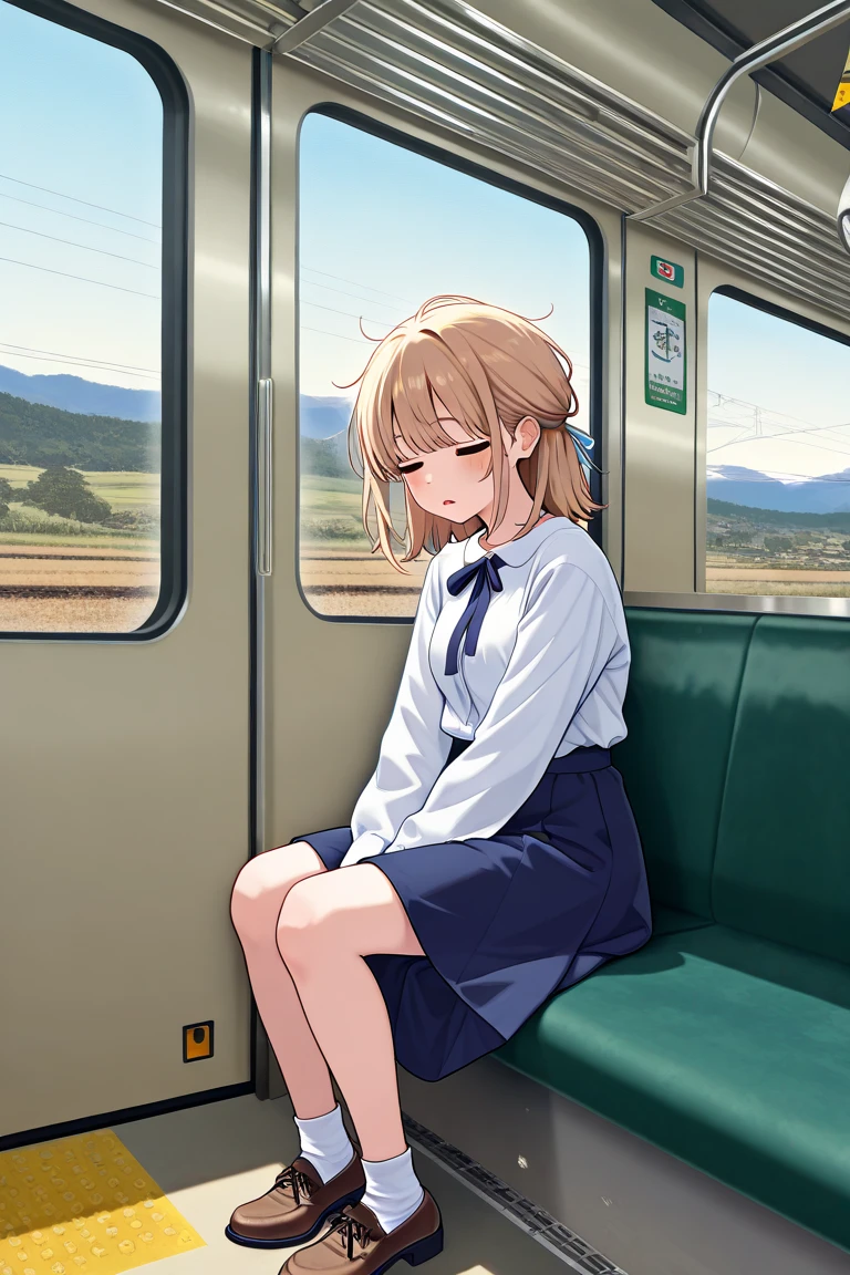 masterpiece, best quality, very aesthetic, absurdres, 1girl, school girl uniform, sitting on seat, panties, in train, key visual, highly detailed, looking at viewer