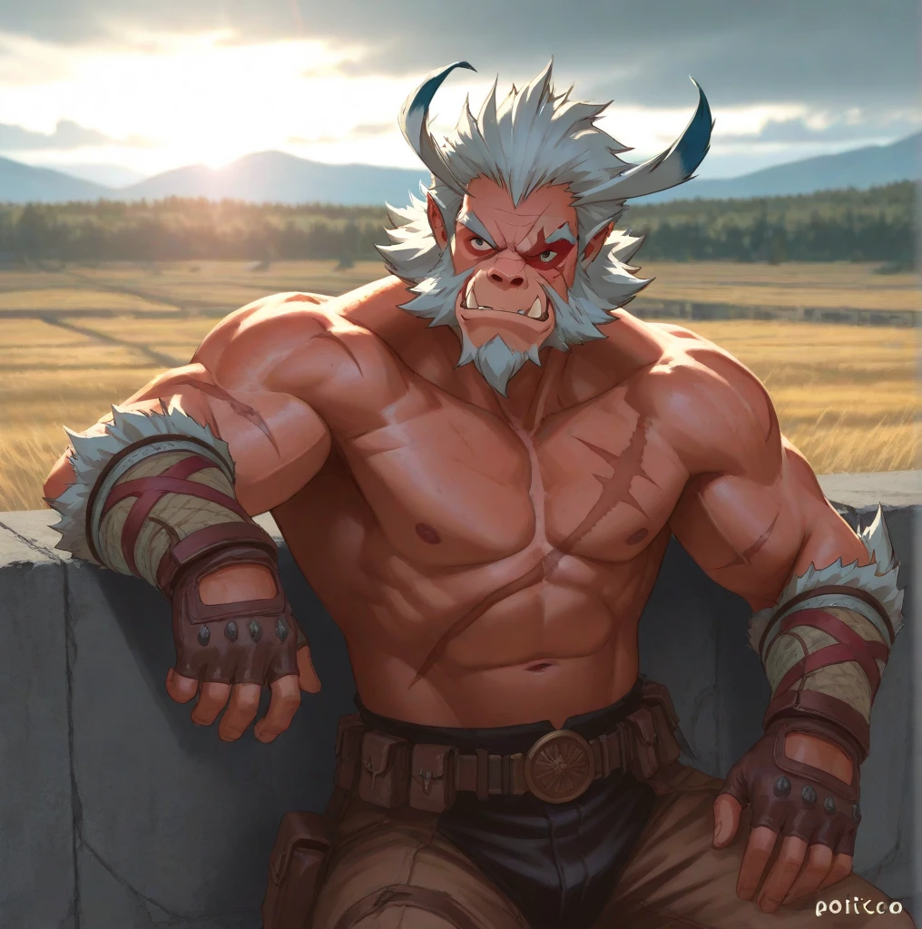 Photorealistic, realistic, solo, photorealistic, best quality, ultra high res, 1troll, sits, blonde hair in a ponytail (muscular), wearing a small short loincloth (in brown leather) off-shoulder, strapless, breeze blowing through the grass, mountainous terrain, 1troll, (Middle Ages)), (((medieval fantasy))), rugged wilderness, masterpiece, best quality, extremely detailed face, perfect lighting, 1troll, solo, (((angry))), ((aggressive))), best quality, ultra high res, photorealistic, ultra detailed, masterpiece, best quality, large muscular features cleavage.