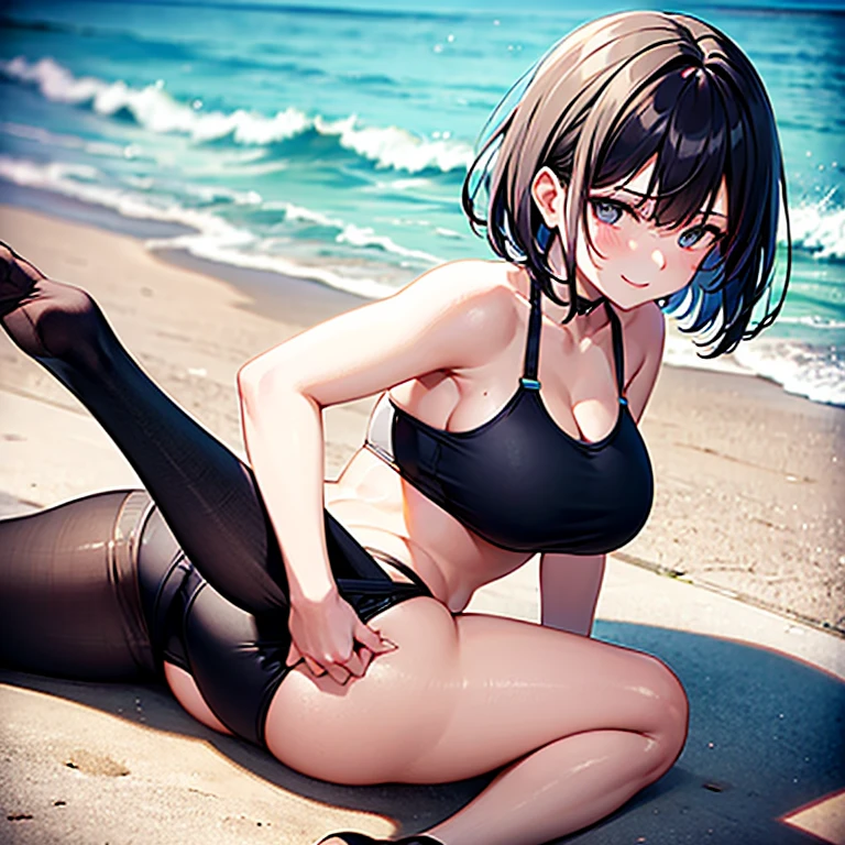 (young girl ,short stature,gyaru)) ,flat chest,black hair,bangs pinned back,nsfw,plump,((leopard print one-piece-swimsuit)),,beach,shedding tears,many boys surround,double penetration,penis,on all fours