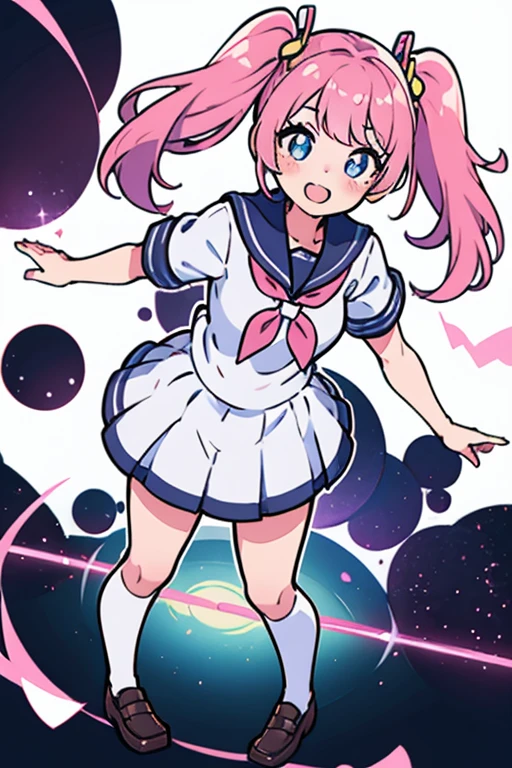 (Perfect body),Best Quality,(8K Portrait),(Official art)、NSFW、(((((Lori)))))、((((Wavy mouth))))、(((:o)))、(((blush))),(((((flat chest)))))、small tits、((Big ass))、((Pink hair),((Short hair))、waved hair、(Orange Eyes)、((((thick thighs))))、(((((white leotard)))))、(((pink ruffle skirt)))、(Armpits)、(((((Short stature)))))、(((Jumping)))、(((Light blue striped panties)))、((Nekomimi))、((headphones))、Cowboy Shot、cosmic space