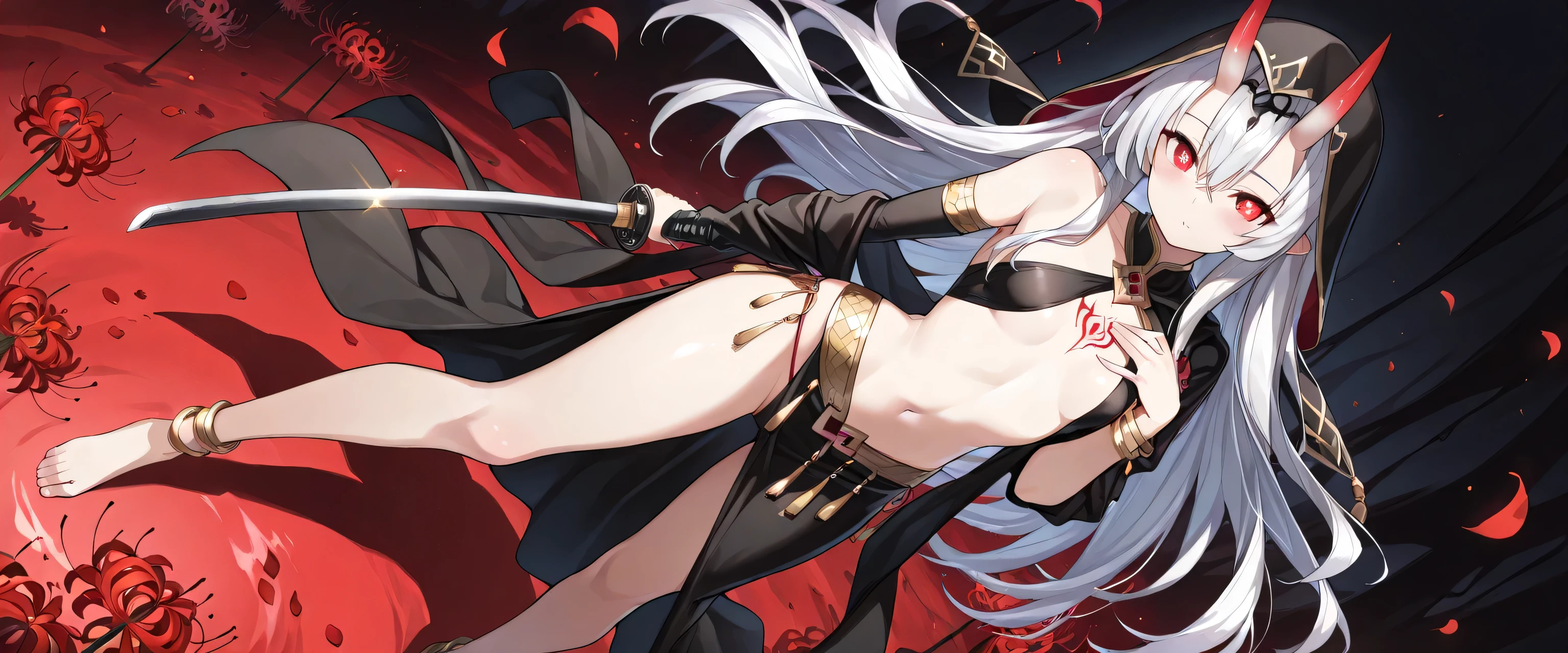 Best Quality, 8k, High resolution, high quality, masterpiece, Beautiful, (Anatomically correct:1.2), A beautiful woman, 20th Generation, Silky gray hair, Straight Long, long bangs that hide one eye, Red eyes, Beautiful Skin, Tall and toned body, pointy big breasts,ninja, Carrying a sword on your back, valley, Model pose, night, skyscraper, evil grin, face focus,