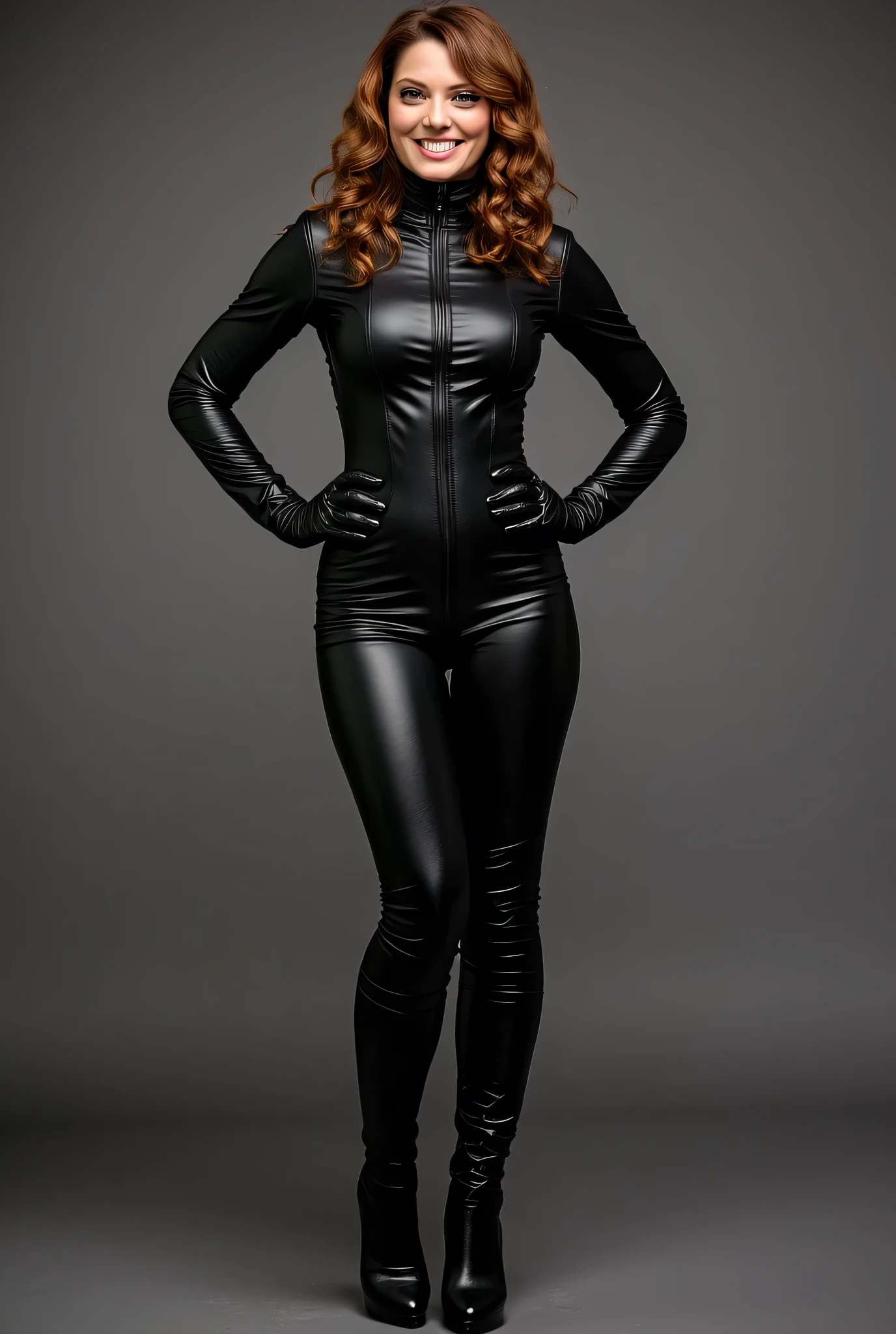 Woman in a full black leather jumpsuit. Black leather knee high boots. She is smiling. she is wearing brown blonde hair. she is wearing black opera gloves. she is standing in a fierce pose. looking straight ahead at the camera.