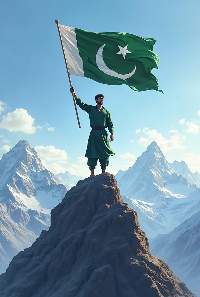 Make an image of cahaut fate Ali khan in his right hand has Pakistan flag on the top of burk khalifa
