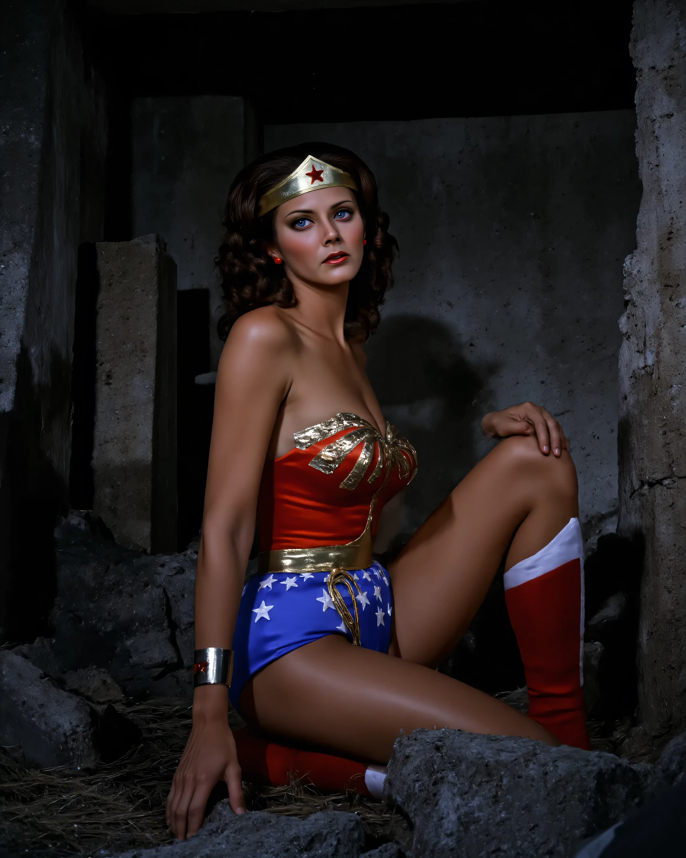 A dramatic, chiaroscuro-lit depiction of Wonder Woman, in her late twenties, her hourglass figure accentuated by a tattered, dirt-stained red satin bodice revealing glimpses of shimmering blue satin underwear adorned with faded white stars. Her once pristine red boots, now scuffed and torn at the edges, show white trim peeking through the grime. Her dark, wavy hair is disheveled. Exhaustion etches her face, her brow furrowed in concentration as she desperately scans the damp, rough-hewn stone walls of the underground dungeon, lit only by flickering torchlight casting harsh shadows and highlighting the texture of the stone. Her expression is one of determined resilience, a flicker of hope amidst despair. She kneels, her weight balanced on one knee, her other leg bent, one hand rests on a cold, damp stone, fingers tracing a cryptic symbol. The camera angle is low, slightly tilted, creating a dynamic perspective, emphasizing her vulnerability yet strength. The color palette is dominated by deep reds, contrasting against cool blues and grays of the dungeon. The atmosphere is tense, evocative of classic adventure comics, with a blend of Art Nouveau and dark fantasy elements. The background shows dripping water, adding to the dungeon's claustrophobic and ominous ambiance.