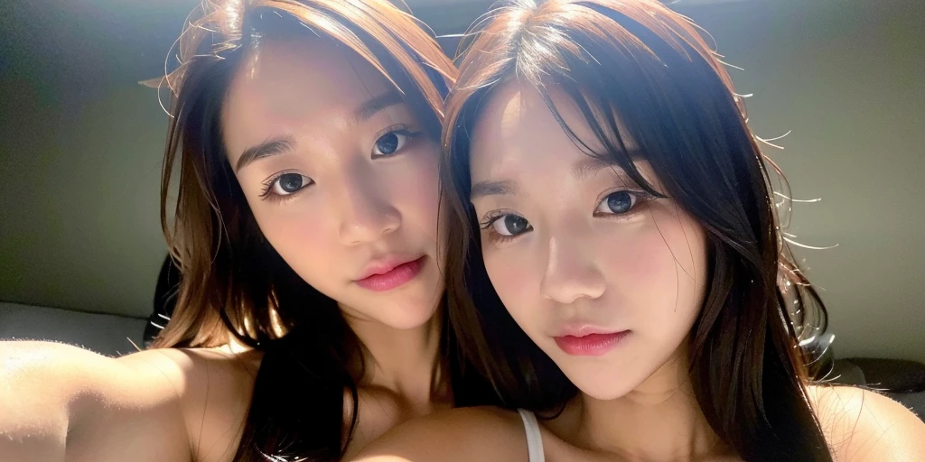 best resolution, 2 heads, half-body shot, chinese woman with two heads, hiking trail background, brown hair, black eyeliner, 20 years old, youthful, fair skin, wearing sports bra, shoulder-length hair, selfie