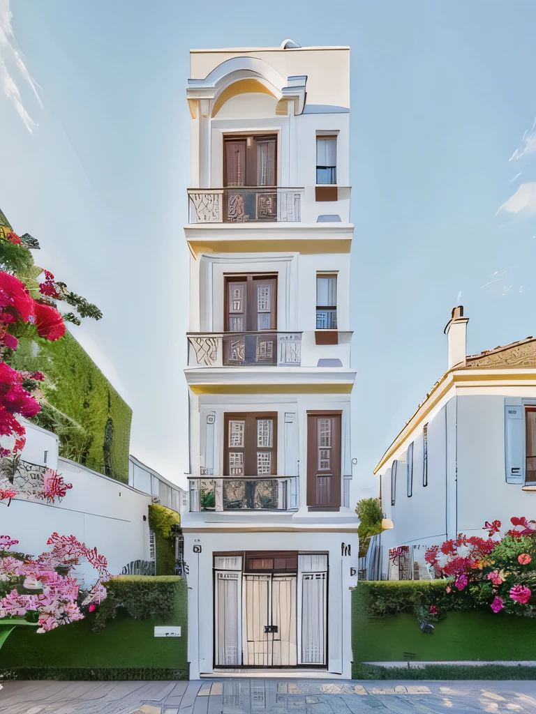 PLATEFORME KTHOUSE, Beaucoup de belles fleurs rouges le long de la route, Romantique, 1 maison de style néoclassique, La maison de ville est faite de murs blancs, Belle lumière, journée de beauté, ensoleillé, Beaucoup de bougainvilliers rouges le long de la route:1.3, belle sensation de jeunesse :1.2, soleil à midi, Très belles ombres,