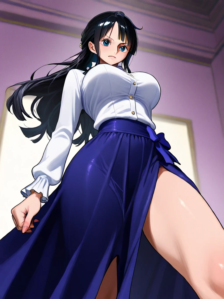 masterpiece, bestquality, ultra-detailed, 

middle ages, medieval times, Medieval European fantasy, 

(flat design, ligne claire, photorealistic), 

cinematic lighting, depth of field,
(1girl, fullbody, looking at viewer, front view:1.5), 
(very long high ponytail, japanese, thick eyebrows, Navy Blue Kendo uniform, Hakama, black hair, Yamato Nadeshiko girl, Cool beauty girl, angry eyes, Cold eyes, Tight Mouth:1.3), 
gigantic saggy breasts, Clothes that are completely stuck to the chest, impossible clothes, Impossible clothing with perfectly shaped extremely gigantic puffy nipples, pawg, thin thighs, thick calf, (slender body:1.3), thin waist, milf, mature woman, puffy lip, lewd body, 

standing contrapposto pose, spread legs,  Dynamic composition, Hands on hips, 
(Wear warm clothes, pants:1.3),
high waist T-back, (low rise hot pants:1), Whale tail, low rise T-back, hot pants, highleg panties, high leg panties g-strings , high leg panties thong,  

(white background:1.4),