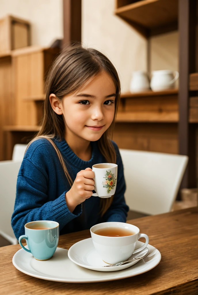 cinematic photo style by Henri Cartier-Bresson, 1 fourteen year old girl crocheting knitted toys while sitting in a green chair, portrait, against the background of a white wall of children's drawings and a window, there is a white mug with tea on the table, film, bokeh, professional, 4k, highly detailed,