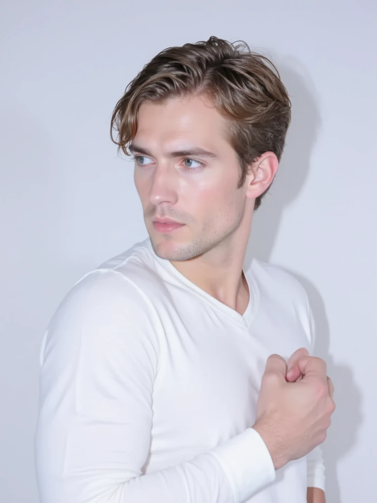 Detailed CG Unity 8K Wallpapers,Tabletop, best quality, ultra-detailed, white background, a beautiful 25-year-old man with short dark-blond hair, short hair, blue eyes and pale skin, masculine posture Complete fashion collection, high quality, Masterpiece, very beautiful and varied, top model, modern, very detailed and intricate, Very fine, extravagant , photorealistic, cinematic lighting, perfect