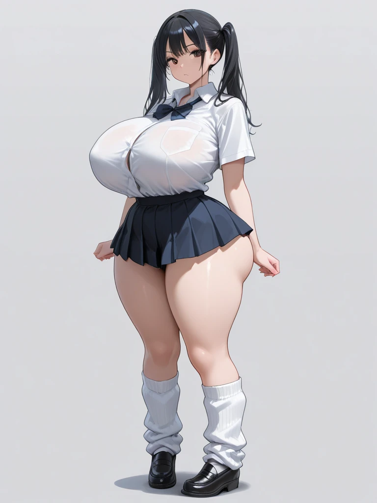 High school girl, sailor uniform, black legging pants, thick thighs, super wide hips, gigantic boobs, big ass.