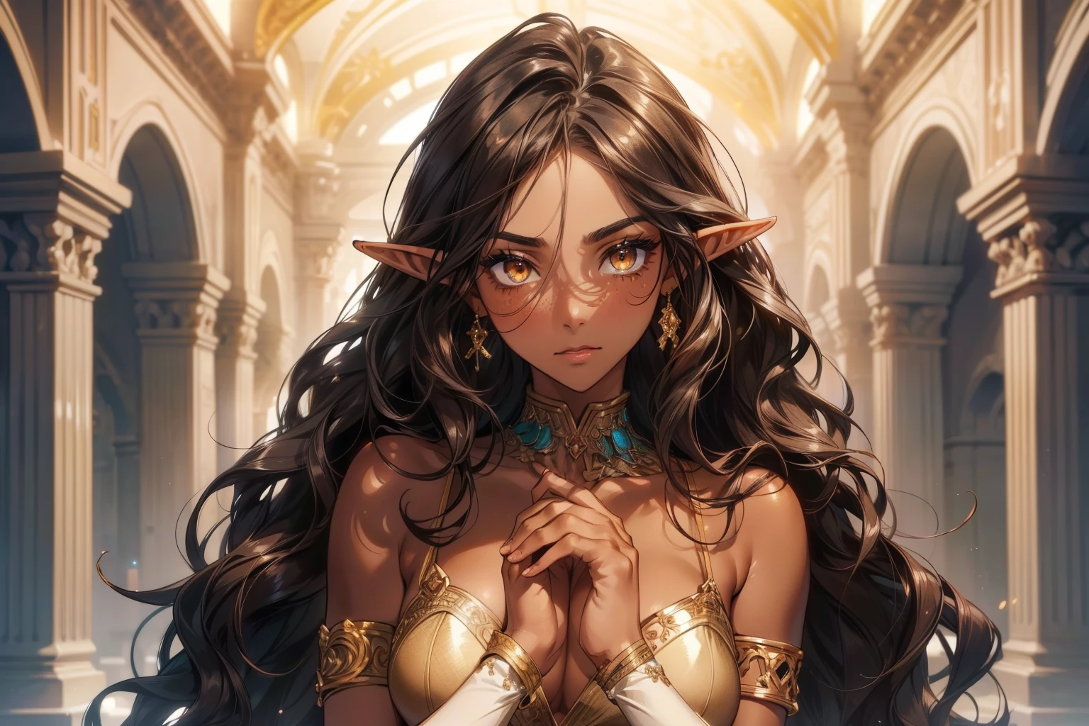 (​masterpiece), (top-quality), sunset, natural lights, ,(realistic:1.5), 1girl, long brown hair, slim, looking to the site, elf princess, tiara, detailed medieval throne room in background, medieval_dress, cleavage, medium breasts, pointed ears, upper body, mid shot, masterpiece, detailed, mature, bright colors, high saturation, stunningly beaufiulf girl hazel eyes, black hair, punk hair, tanned, dark skin, africanamerican, precise hands, confident look、determined expression,, Clear eyes, Shining eyes,, ultra-definition, Top resolution,  soft lightning sultry look, seductive,
