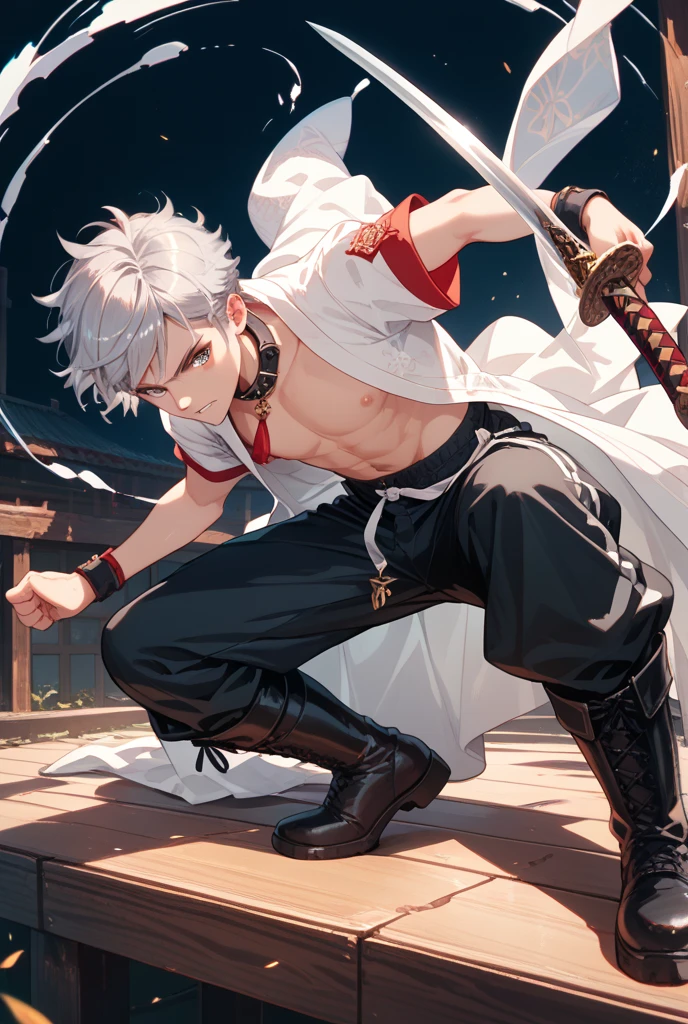man in action pose with short white hair, has white sportswear, ((in his hands he has daggers)), close up