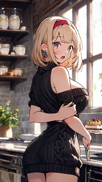 Adult Woman, masterpiece, 1girl, Amazing Cleavage:1.3, thin waist, big ass, Raised sexy, medium breast:1.3,posed cleavage:1.2,solo, open mouth, have a cup of coffee,black hair, red eyes, dress, bare shoulders, jewelry, collarbone, sidelocks, hairband, earrings, indoors, off shoulder, arms behind back, plant, short hair with long locks, black hairband, sweater dress, off-shoulder sweater, red sweater, big side hair, very long side hair,is rendered in (masterpiece: 1.2, best quality), with (ultra high resolution) and an exquisite (depth of field). This masterpiece is not only visually stunning but also tells, make of cooking some cakes ,in the kitchen,Long dark blonde wavy hair、her thin pubic hair, Puffy nipple、(short flared skirt)、garter stocking、Earring、Medium milk, cute smile face、(Pose to lean forward and emphasize the chest)、sexy hips、high-heels、atlibrary、((Close your arms to your chest and look up)),(with sparkling eyes and a contagious smile), looking at viewer,
