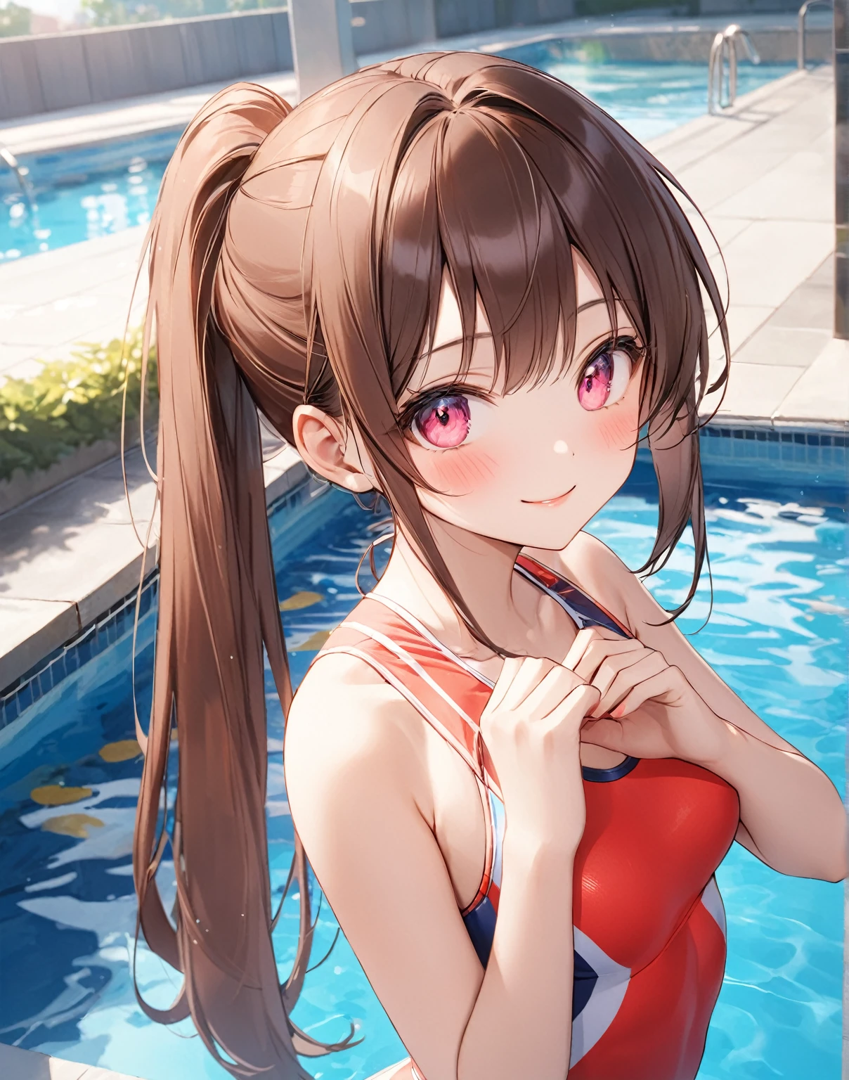 copano rickey \(umamusume\)、Close-up of the butt looking up from below、Get wet all over 1.5.Realistic、squat butt emphasis、13 year old girl、wearing a yellow swimsuit，smile，cleavage emphasis，face reality，lips are a little red，cheeks are a little red，Sexy，pool