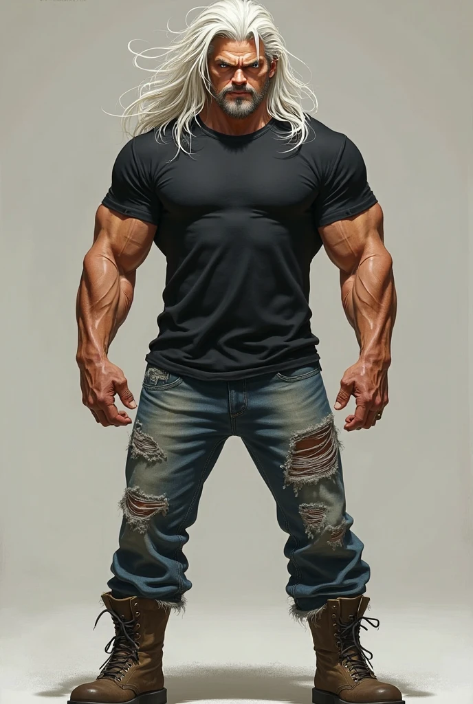 Draw Middle Aged Man strong half long white hair missing one arm shirtless using dark jeans and boots trimmed Beard cores duras traço rabiscado
