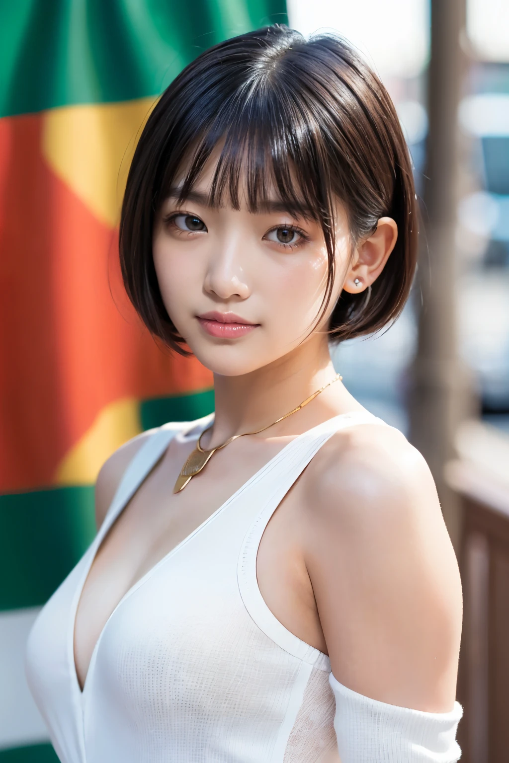 (masterpiece)、(Highest quality:1.5)、(16k wallpaper:1.2)、(Photorealistic:1.2)、(Ultra-detailed:1.2)、(超A high resolution:1.2),(Surreal), (High resolution), (Realistic), (Post-processing), (Very detailed),(Sharp focus), Sharp focus:1.2,Backlight, Bright light, (Improvement of quality:1.4),(Anatomically correct body)、1 female、Japanese、Asian、Realistic Skin, Pretty woman with perfect figure:1.4,(from the front:1.5), (Enhances the beauty of skin texture:1.1), (Beautiful fine details), (Detailed face),Beautiful realistic face,No makeup、(Plump Cheeks)、美しいBlack Hair、The best smile、Natural color lip、Even bangs、Hide eyebrows with bangs、(20-year-old woman)、Bob Hair、Hair blowing in the wind, (Black Hair, Iris, (Short bob cut hair), Small earrings, Hair behind the ear、No makeup、(Drooping eyes)、Drooping eye corners、