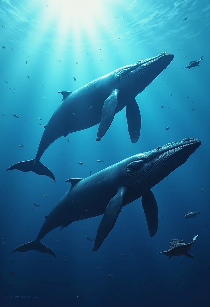 Créer Un dessin de baleines avec pour slogan "save the whales, save the oceans" et le #freepaulwatson