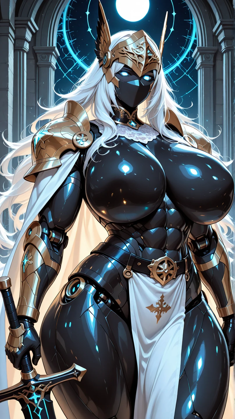 Masterpiece, Super high-quality computer graphics, Best quality, perfect image, beautiful eye details, very detailed, one, (1 woman), She is in obsidian armor with blue details and in an elegant pose, super mature, tall, mom, mature mother, chocolate skin color, dark skin color, tanned skin color, super long hair, bright snow-white hair and bangs on the side, white thin dragon horns, beautiful, charming, bright blue eyes, elegant, large breasts (huge, torn), cheerful breasts, lustful smile, charming, dark background, bold atmosphere against the background of nature and forest.