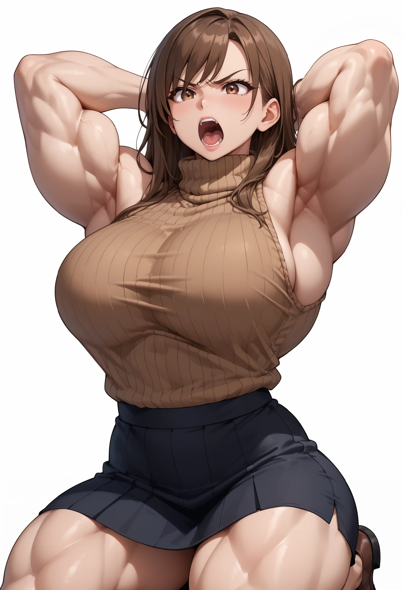 A woman wearing black stretch tights((From above)),Brown Hair,Light brown eyes,Twin tails,Thick bones,Beautiful curves,Medium Hair,Curvaceous body,Blushed,Captivating look,Smooth and thick thighs,Chubby!!,Sweat,vapor,Wide torso,Huge bust,Being in the training gym,Wearing a white sports bra