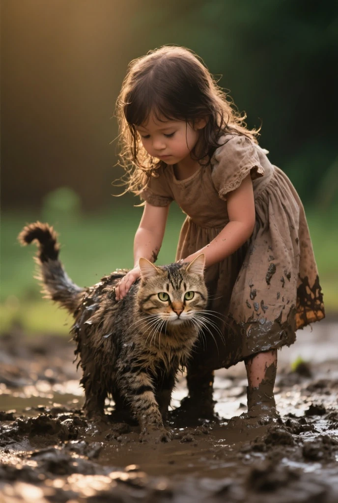 The little girl smiled at the camera, A cat follows,country road.