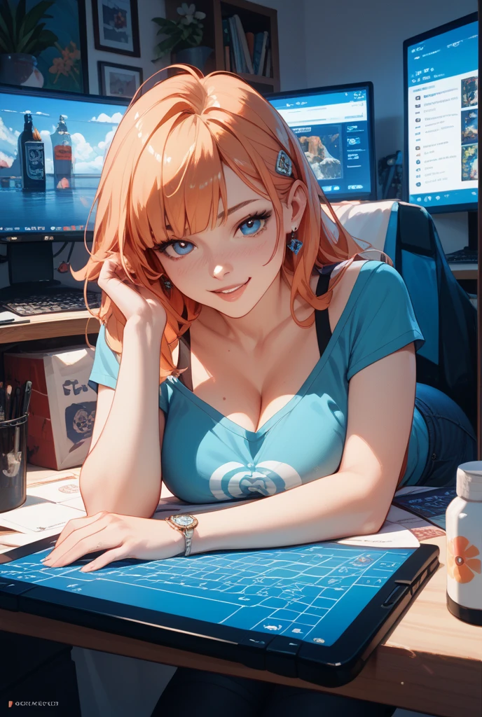 realista, 1 garota, seios grandes, cabelo vermelho, olhos roxos, olhos brilhantes, corte superior, vestido comprido social, no trabalho, 8k, full hd, cinematographic