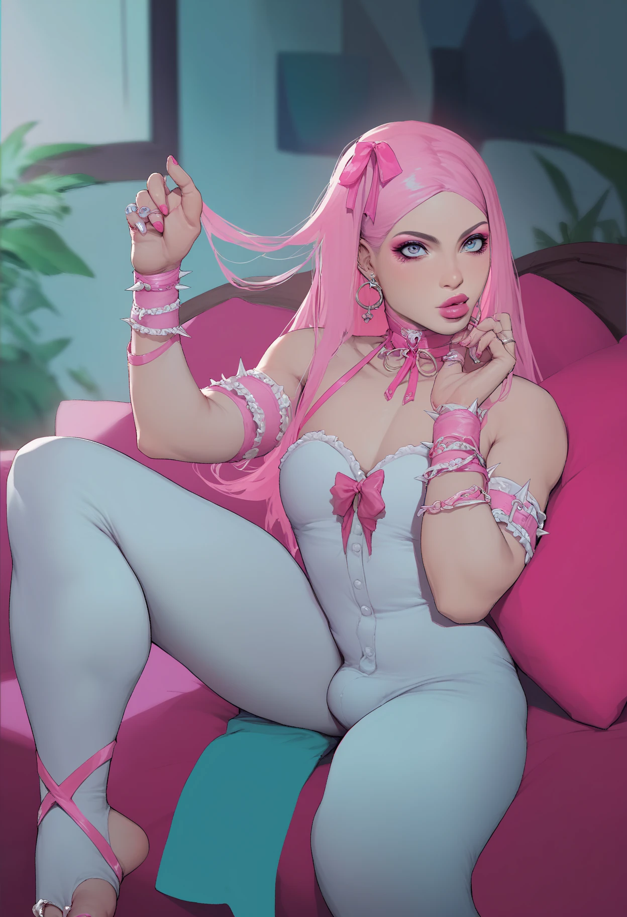 score 9 up, score 8 up, score 7 up big black man, 1 femboy focus, pink goth, big lips, mascara, pink eyeshadow, , blonde hair, gradient hair, straight long hair, hime cut, pink armbands, pink stirrup thighhighs, stripes, toes, pink toenail polish, pink nail polish, pink hair ribbons, pink choker, rings, toe ring, pink lipstick, spikes, pink dress, indoors, SFW, pants,
