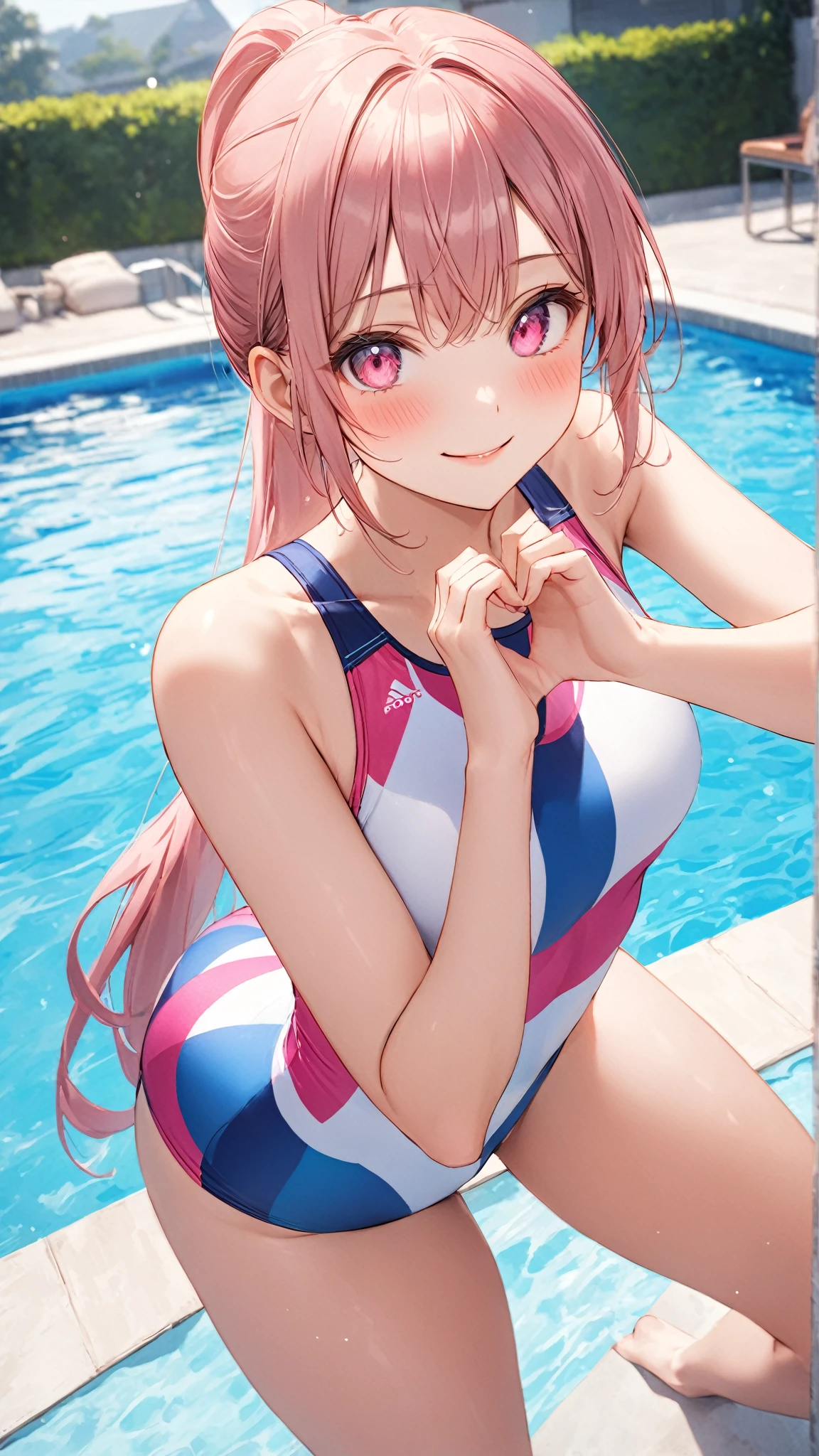 masterpiece、highest quality、High resolution、Two realistic girls、Competitive swimmer、Close-up of a person、Wearing a pink bodysuit、During Competitive swimmerics competitions、smile、Swimming Venues、sexy competitive swimwear