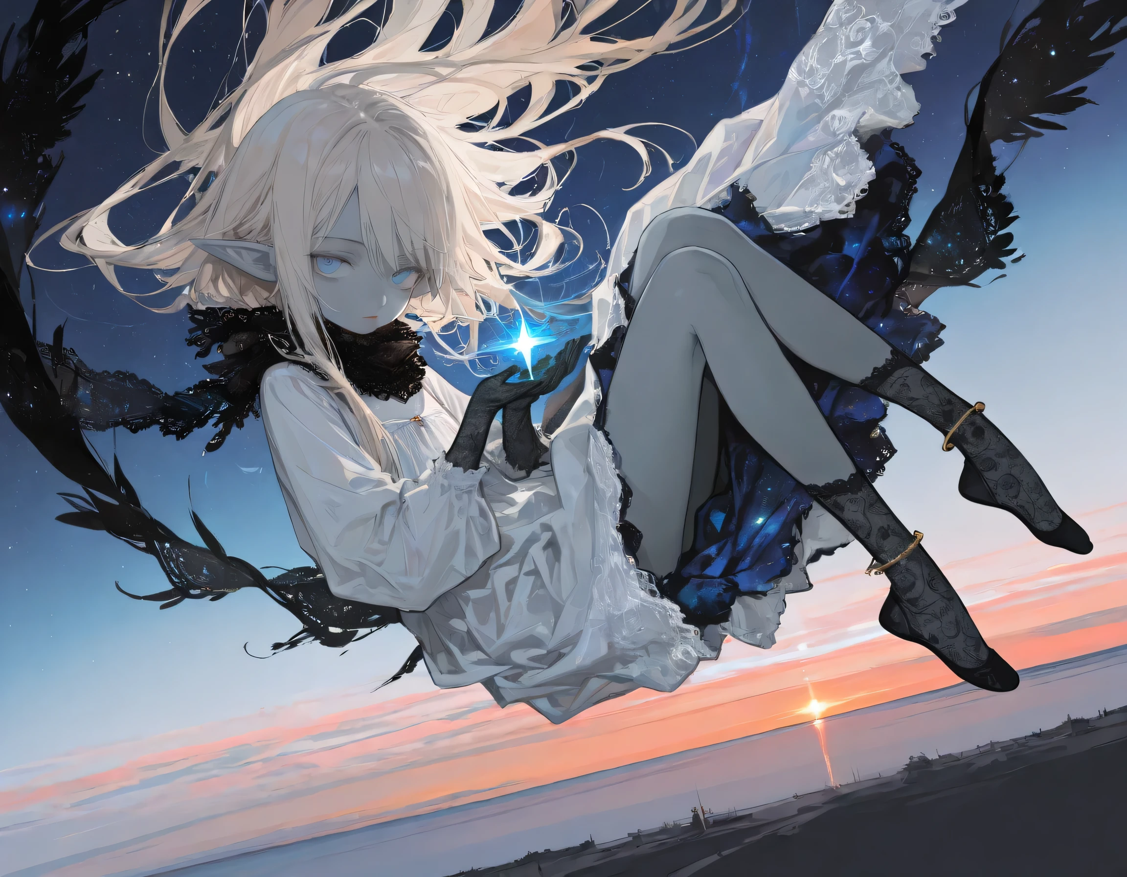 {{{masterpiece}}}, {{{best quality}}}, {{ultra-detailed}}, {illustration}, {{an extremely delicate and beautiful}},(beautiful detailed eyes),(levitating girl,toddler,,elf,gray skin,solo,Expressionless),(masterpiece, Best Quality, Very detailed, characters),,(),(,long hair,beige hair,blue eyes, beautiful jewelry),(sandals,long nails:0.6),(skinny body),(full shot),lace long skirt,lace long sleeve dress,(),,from above,(background sky,horizon), , ,(moody lighting, underlighting, sharp shadows),anklet,(Twilight),(lace long gloves),feather,(tailwind),lace scarf, fetal position, , r17329_illu, cosmic sky, upside-down face, falling down, bWlua, colorful, abstract, looking at viewer, lips,
