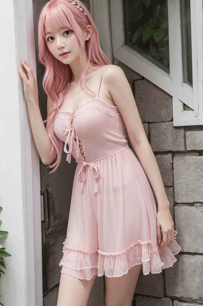 a beautiful woman in a pink dress, her hands lifted both sides of her skirt to reveal a girl's crotch in very sensual panties, sfw, skirt lifted up