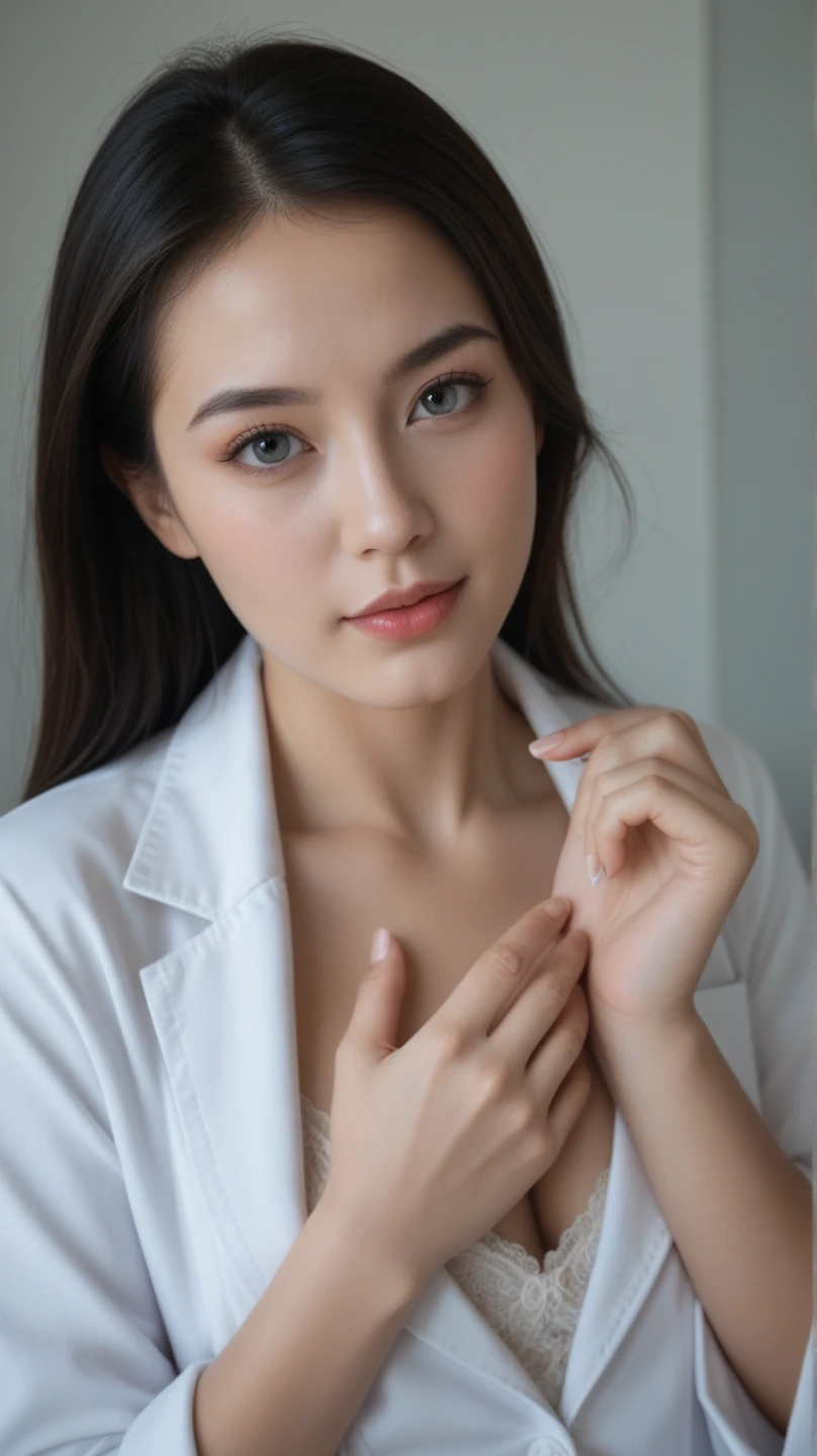 16 year old girl with perfect face and big breasts, thin face, thin eyebrows, right hand and hair, brown hair, middle hair curled hair, slim and slender physique. The skin has detailed and highly detailed eyes (1.1 emphasis), very detailed skin texture (1.1 emphasis), necklace, model photo style, photorealistic, skin texture is real human skin texture, detailed skin pores, complex details, eyes are very detailed, doctor lab coat, white coat, white coat!!!、! Dream lab coat, highly detailed lab coat, from the knee up, attractive sexy little bit, smile, strong smile, cute pose, standing --s2