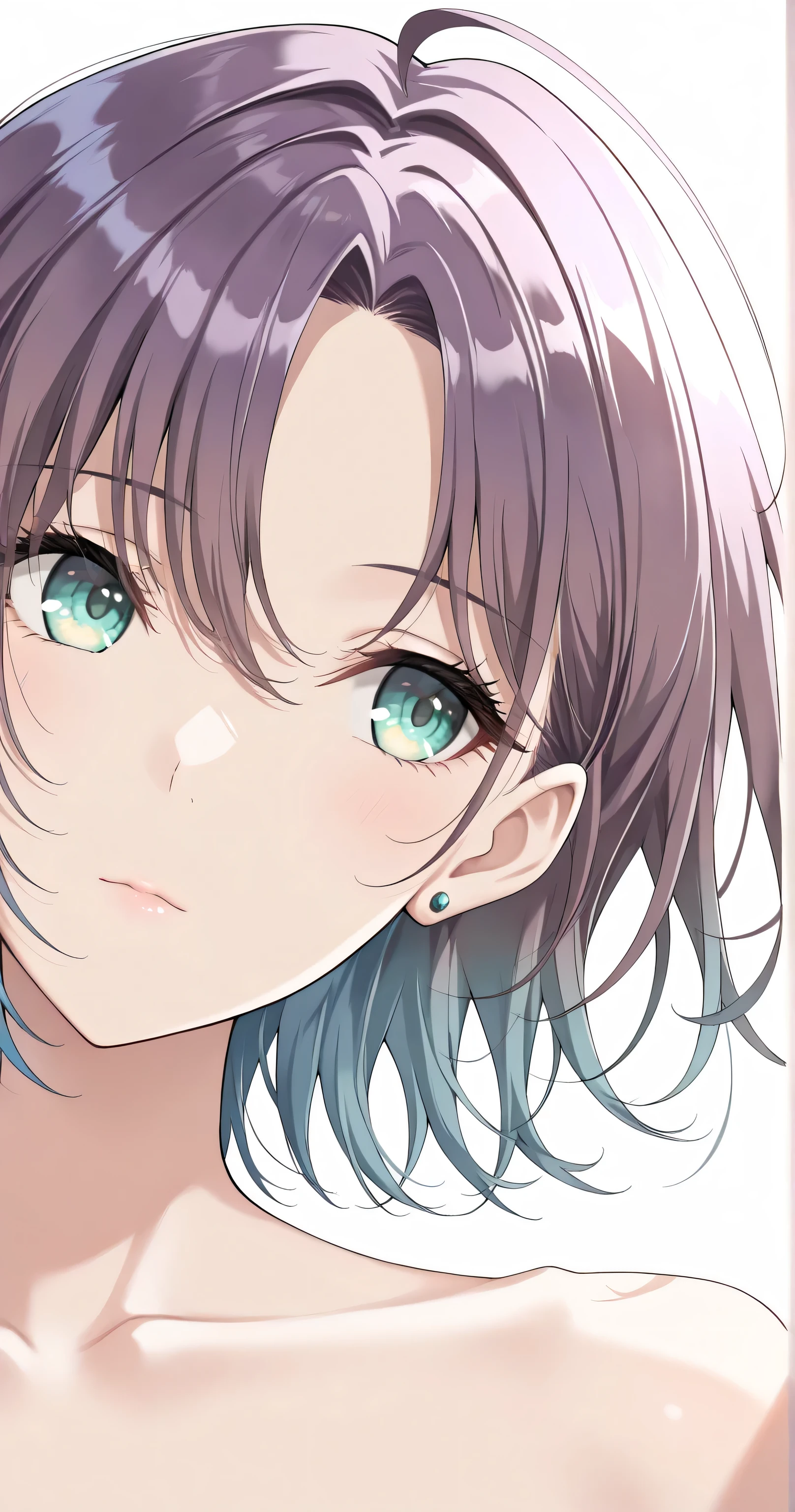 insanely detailed, 2Danime-style, Cute anime-style 1girl, Cell-shaded style, flat color, (Toru Asakura, t_asakura), (close-up face shot, front view), (expressionless, looking away, waiting for a kiss), (head tilt), (vibrant lighting, cinematic lighting, soft glow), (white simple background), (sharp focus, clear lines, crisp outlines, dynamic but clean line art, accentuated contour lines with fine detail, vivid colors, harmonized colors), (Masterpiece, best quality, ultra-detaile, highly detailed), (beautiful eyes, ultra-detailed eye contours, Detailed aqua eyes with intricate irises, Beautiful Eyes, Ultra-detailed eye contours), (Short choppy messy pixie cut purple hair, parted bangs, gradient hair, blue hair, multicolored hair, ahoge, glossy highlights, flowing strands, silky smooth hair, delicate strands, slightly messy hair(1.1)), Sleek and slender figure, perfect curvy figure, youthful, flawless porcelain-like skin), simple stud earrings), highly detailed face, refined body, flawless skin.