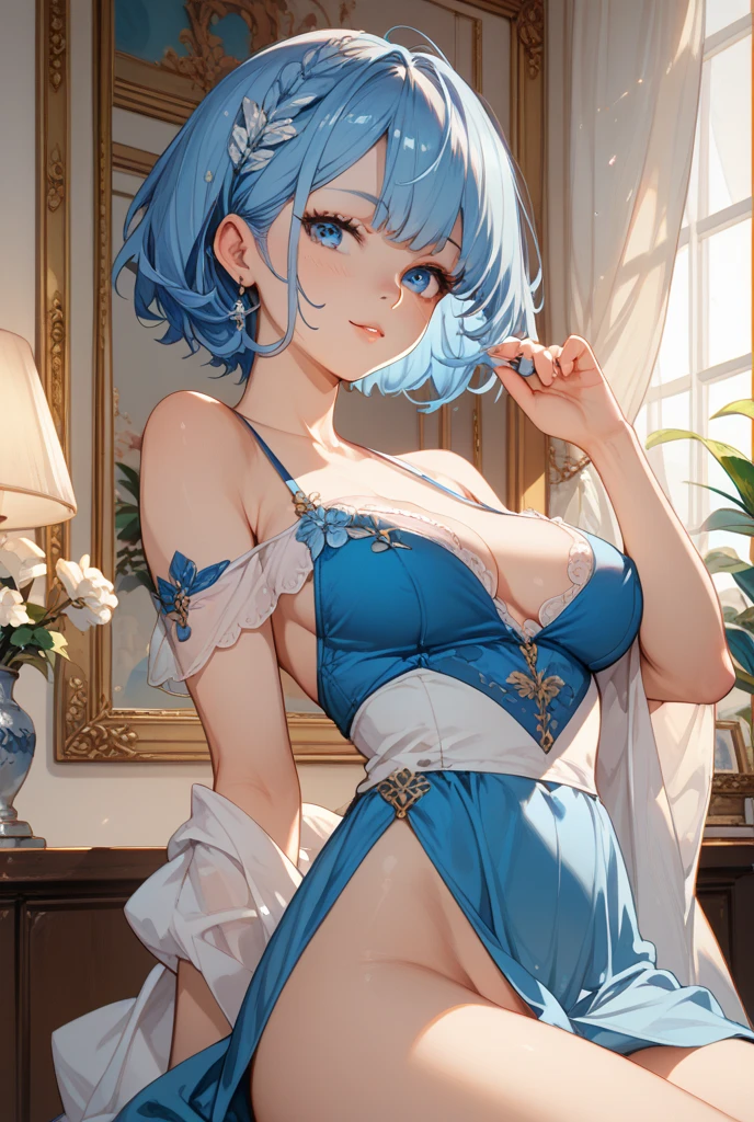 (masterpiece:1.21), (top-quality:1.331), ((ultra-detailliert)), ((Superb illustration)), ((astounding)), (An ultra-high picture quality), Gorgeous and rich graphics, (extremely delicate and beautiful:1.21), 8K, wall-paper, (Very beautiful lighting), hard lights,(beautiful finely detailed eyes)、1girl in、独奏、blue hairs、shorth hair、blue eyess、large full breasts、cleavage of the breast、Full body view、sullenness、frontage、masterpiece、top-quality、greybackground、full bodyesbian、From head to toe、is standing