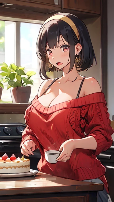 masterpiece, yor, 1girl, Amazing Cleavage:1.3, thin waist, big ass, Raised sexy, medium breast: 1.8 posed cleavage:1.2、solo, looking at viewer, open mouth, have a cup of coffee,black hair, red eyes, dress, bare shoulders, jewelry, collarbone, sidelocks, hairband, earrings, indoors, off shoulder, :o, sweater, arms behind back, plant, short hair with long locks, white hairband, off-shoulder dress, sweater dress, off-shoulder sweater, red sweater, big side hair, very long side hair,is rendered in (masterpiece: 1.2, best quality), with (ultra high resolution) and an exquisite (depth of field). This masterpiece is not only visually stunning but also tells, make of cake cooking ,in the kitchen