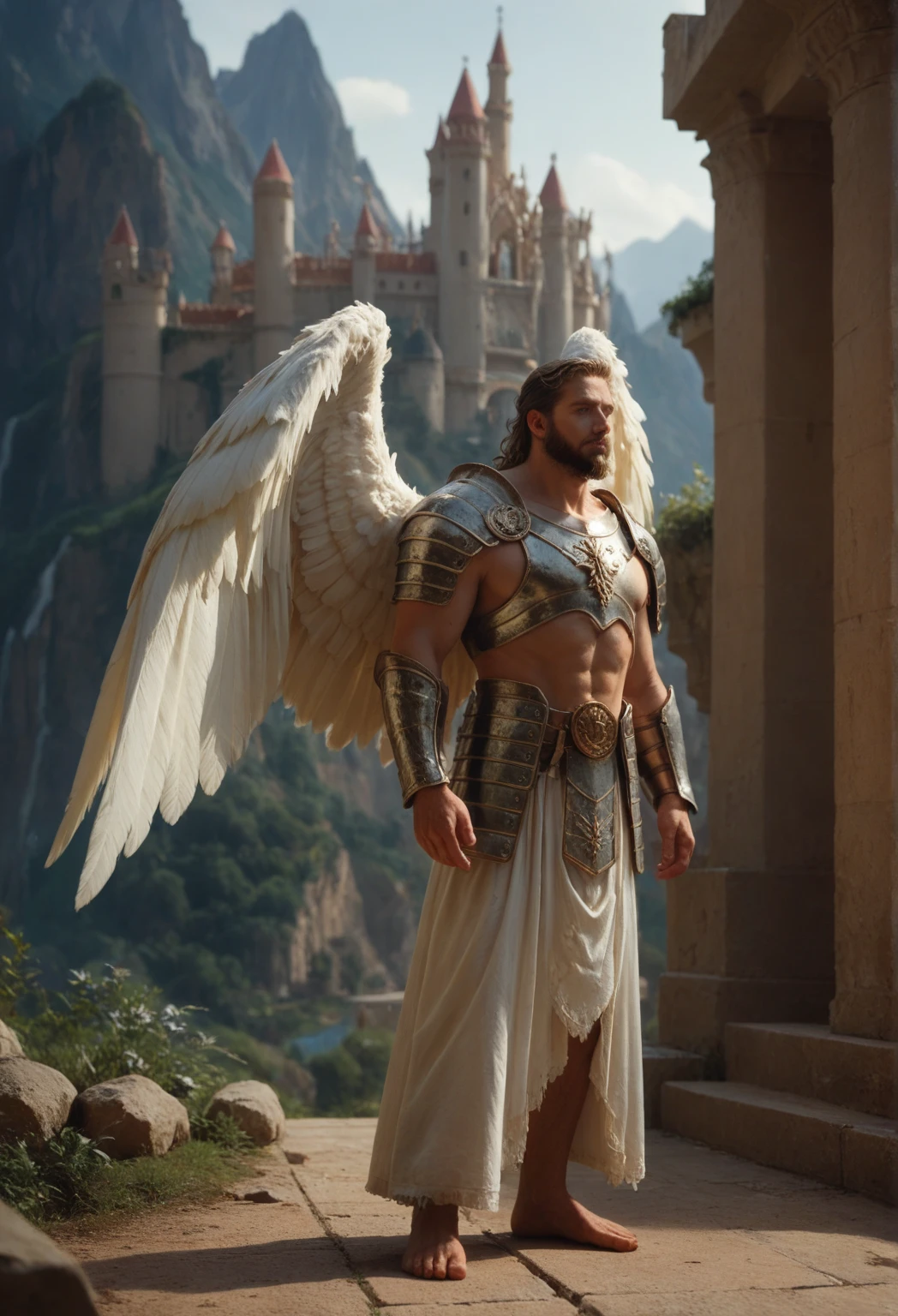 1 character lonely, young handsome, LatinLover OC, mulatto skin, attractive feature, skin tone tan, dark blue eyes, friendly expression, big white wings coming out of his back, 1 wings of angel, physical fitness, man long haircut medium, black brown hairstyle, small beard, casual clothing, white outfit, anatomically correct, full body tattoo, environment: Magic fantasy green forest