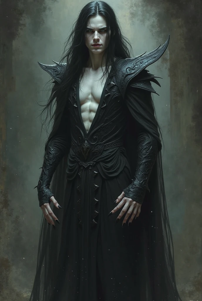 A sexy, muscular man like a pale witch, he has very pale or chalk-white skin, which gives him an ethereal and otherworldly appearance. Dark hair He has long hair, a short dark beard which adds to his mysterious and gothic appearance. Cloak Morpheus is often seen wearing a long, flowing cloak or tunic, adding to his air of royalty. In jewelry she wears various pieces of jewelry, including a jeweled amulet that is an important symbol of her power. Expressive eyes Your eyes are an important part of your character. They are often described as intense, deep, and full of hidden knowledge. Ankh Symbol Morpheus is sometimes seen carrying an ankh, which is a symbol of life and death. Black and white water-based paint, with some colors for effects.