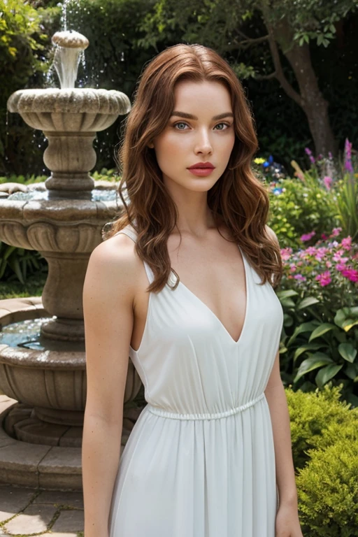 a beautiful, elegant woman with long brown hair, striking hazel eyes, a delicate nose, and full lips, wearing a long flowing dress, in a lush garden setting with flowers and greenery, sunlight streaming through the trees, warm and vibrant colors, serene and peaceful atmosphere, masterpiece, highly detailed, photorealistic, 8k