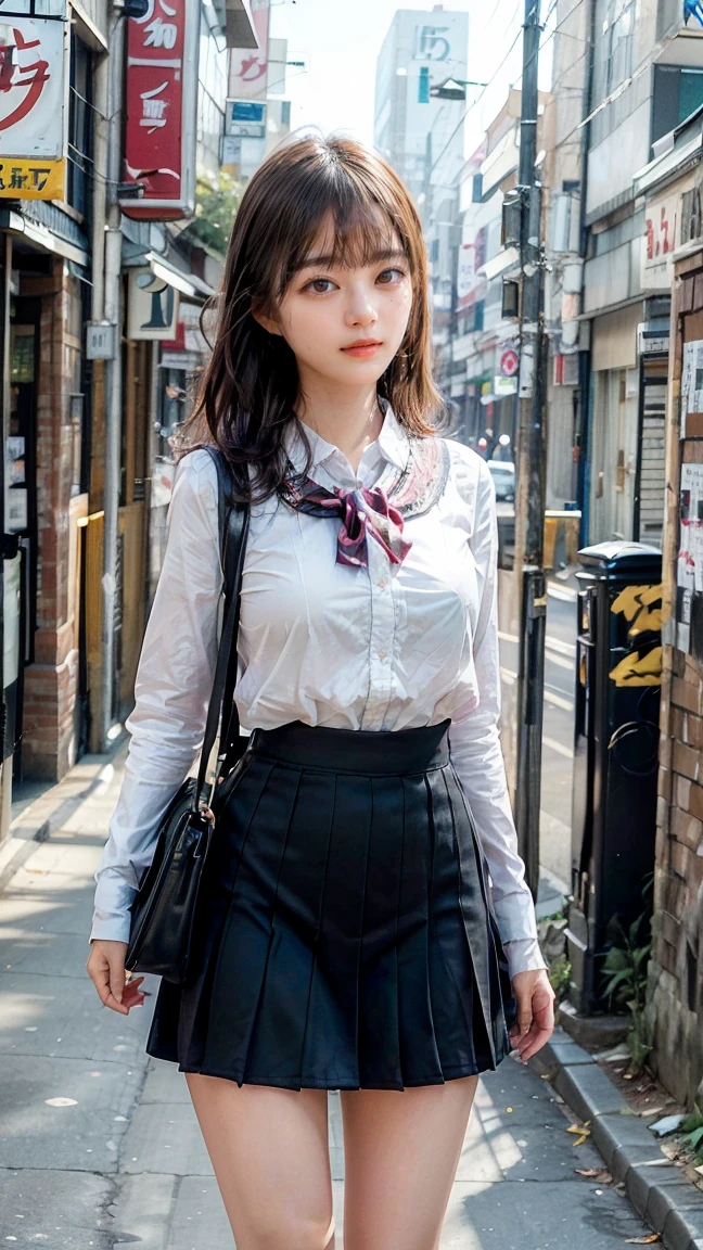 (((white shirt,  pleated skirt, blue bow tie))), street,(masterpiece),((ultra-detailed)), (highly detailed CG illustration),(expressionless), (best quality:1.2),(1girl:1.2),High quality texture, intricate details, detailed texture, High quality shadow, brown eye pupil, depth of field, perspective,20s, (big eyes:1.2),blush,perfect body, lean body, (narrow waist:1.3), large breast, distinct_image, (lustrous skin), solo focus, (brown hair), (streaked hair), ((long hair)), <lora:add_detail:0.5>, <lora:GoodHands-vanilla:1>, <lora:FilmVelvia3:0.5>, <lora:meinv74:0.8>,<lora:detailed_notrigger:0.7>