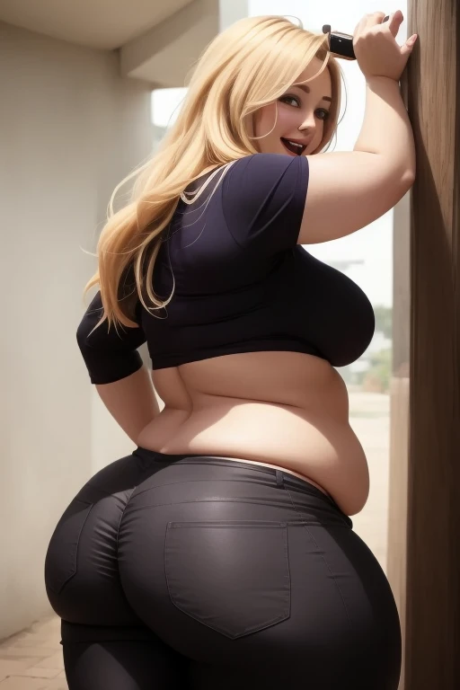 Extremely fat blonde woman naked from rear view showing ass anus
