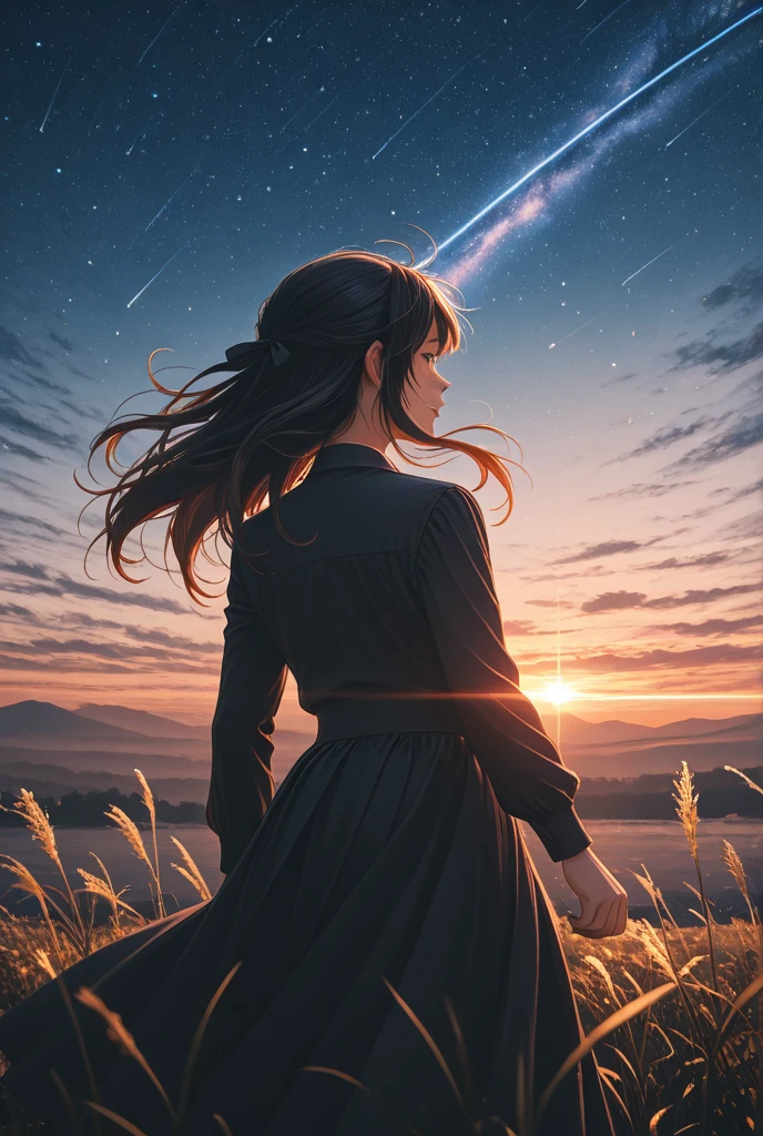 A middle-chested mature woman in a wet white dress got wet in a hurry, there was a mist spraying from below the surface to the top, brown hair in a ponytail, sunset, a masterpiece, a rainbow appeared.