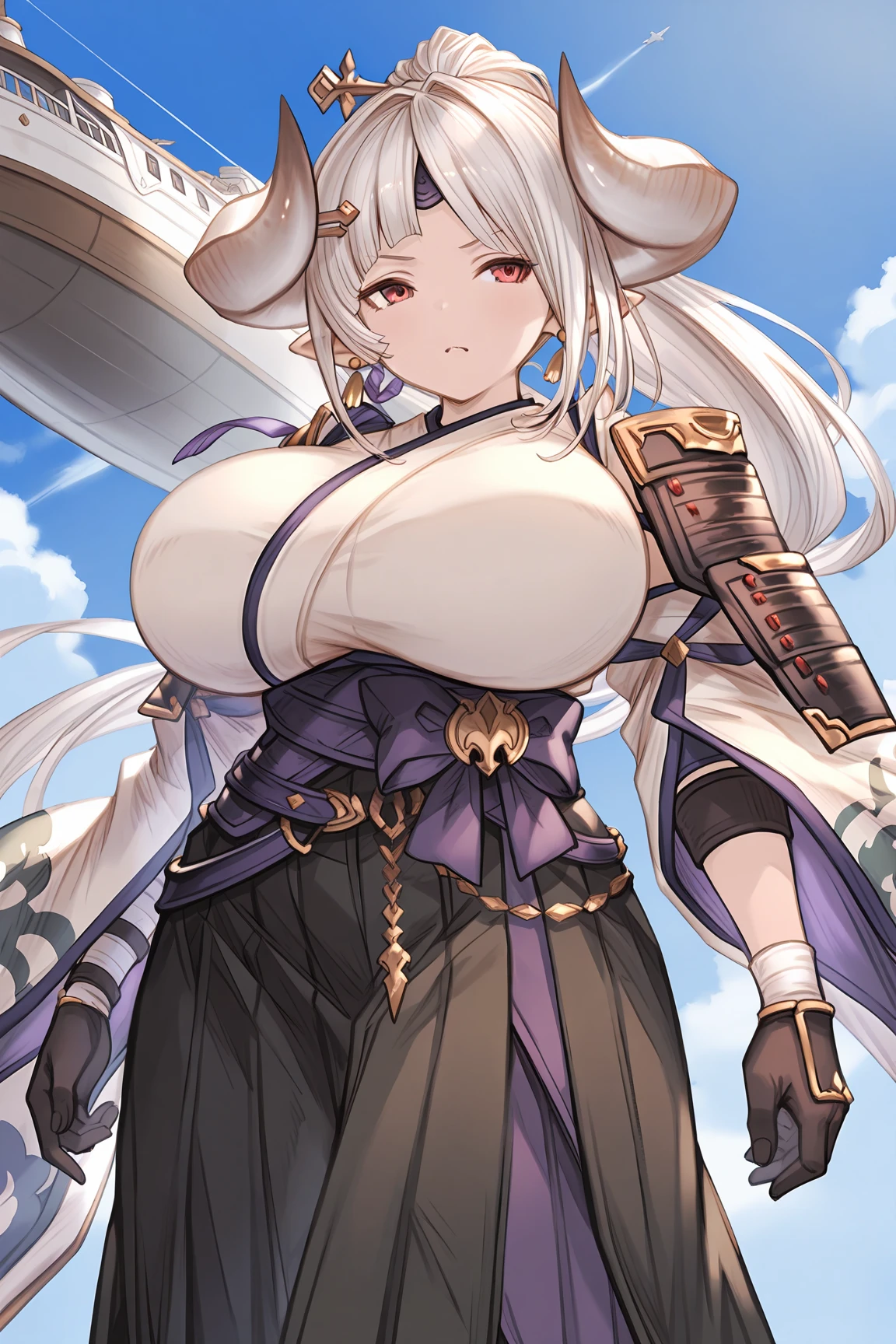 1girl, raiden_shogun, breasts, japanese_clothes, bird, white_background, simple_background, kimono, sash, cleavage, obi, wide_sleeves, solo, mole, hair_ornament, bird_on_hand, obiage, braid, obijime, long_sleeves, armor, ribbon, large_breasts, tassel, bridal_gauntlets, blush, purple_nails, shoulder_armor